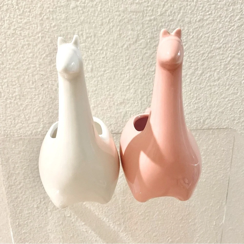 🦙 2 Pink White Llama Mini Planter Vases Porcelain Home Decor